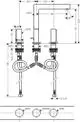 Schemacartoon der AXOR Uno 3-Loch Waschtischarmatur mit Anschlüssen und Abflusssystem in technischer Draufsicht und Maßangaben zu den Komponenten.
